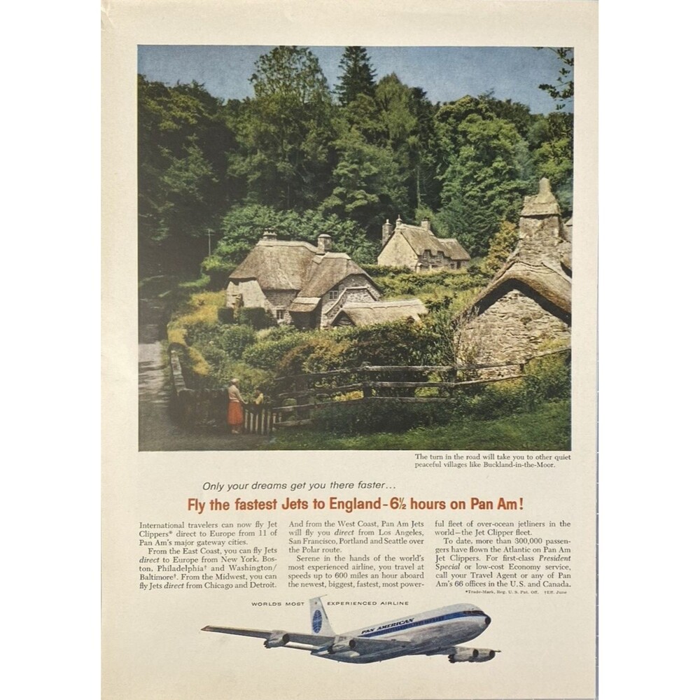 Pan American Airline "Fly the Fastest Jets to England: Vintage Print Ad 1960